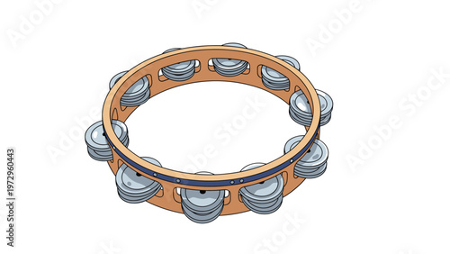 Traditional wooden tambourine with metal jingles shown in a three dimensional perspective on a clean white background for music themes.