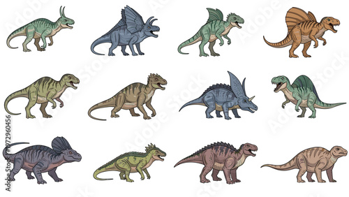 Large set of various dinosaur species illustrations including triceratops, tyrannosaurus rex, and spinosaurus on white background.