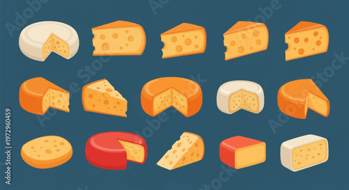 Vector illustration set featuring various types of cheese including Swiss Emmental wedges with holes, Gouda wheels, Brie rounds, and cheddar blocks on a dark teal background.