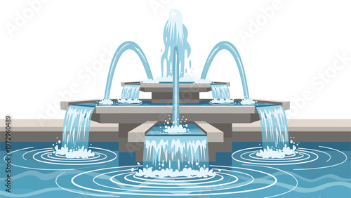 Large multi tiered stone water fountain with multiple jets and cascading flows creating ripples in a wide pool on a white background.