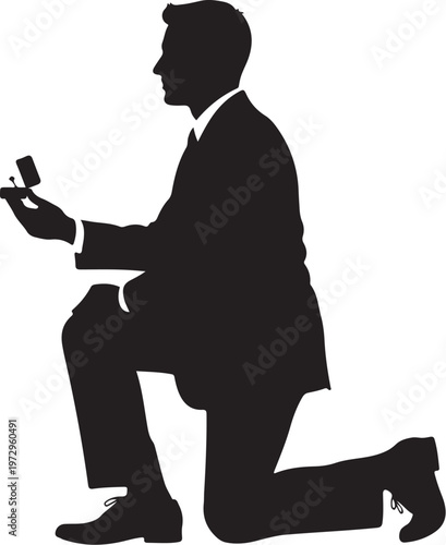 Black silhouette man kneeling holding ring box on one knee