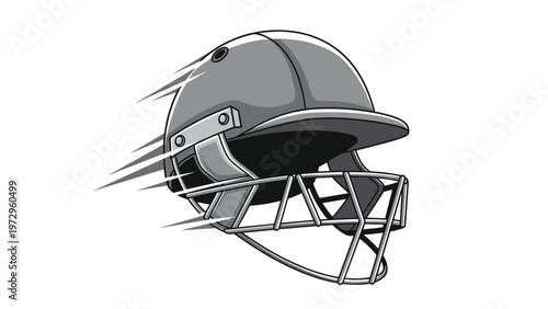 Sleek grey cricket helmet with a metal face guard shown with motion lines to represent speed and impact in professional sports.