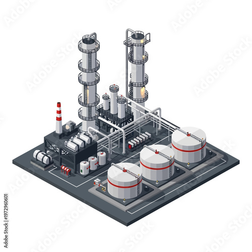 Isometric Industrial Oil Refinery Plant with Storage Tanks and Towers.
