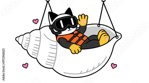 Cool Cartoon Cat Wearing Life Vest and Scuba Mask Relaxing in a Large Seashell Hammock, Summertime Beach Vacation Theme Flat Vector Illustration