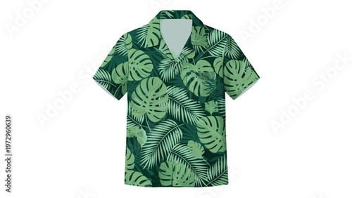 Men tropical hawaiian shirt with a vibrant green monstera and palm leaf print pattern isolated on a white background for summer theme.