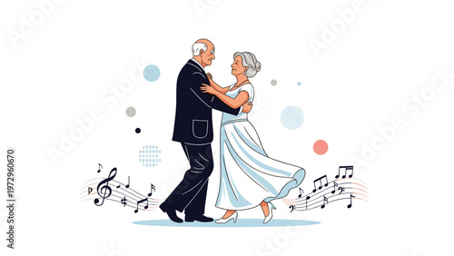 Senior couple dancing together gracefully while surrounded by floating musical notes and abstract geometric shapes in a clean vector style.