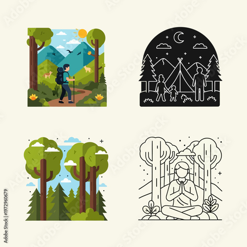 Hiker on mountain trail with backpack and trekking poles  serene forest landscapes  camping and meditation scenes