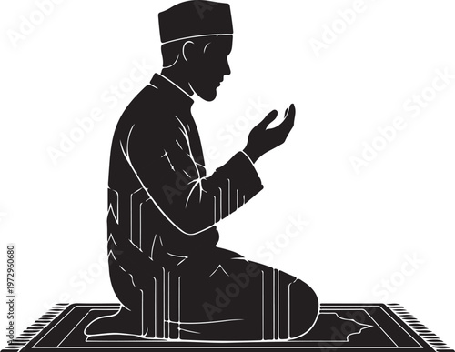 Black silhouette man praying on mat with hands raised