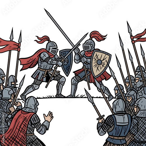 Knights Battling with Swords and Shields, Medieval Combat Scene