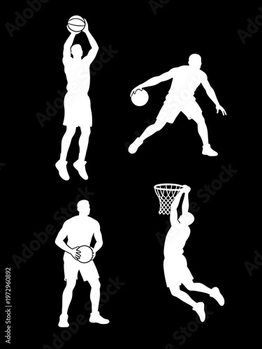 Professional Basketball Players Silhouettes Set in Action, Shooting, Dribbling, Jumping and Slam Dunking Moves Isolated on Black Background Vector
