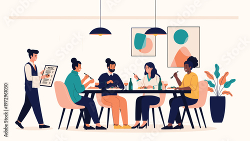 Diverse group of friends enjoying a social dinner at a modern restaurant while a waiter assists them with the menu in a friendly atmosphere.