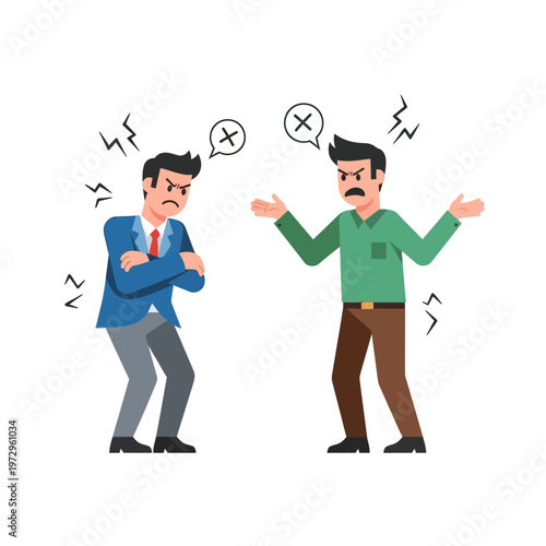Two men arguing, conflict and disagreement concept, cartoon illustration
