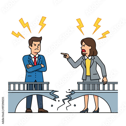 Angry business people arguing on broken bridge, conflict and disagreement concept