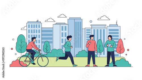 Active people engaging in healthy outdoor activities like cycling and running in a scenic city park setting with a modern skyline backdrop.