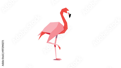 Elegant pink flamingo designed in a modern low poly origami style standing gracefully on one leg against a clean white background.