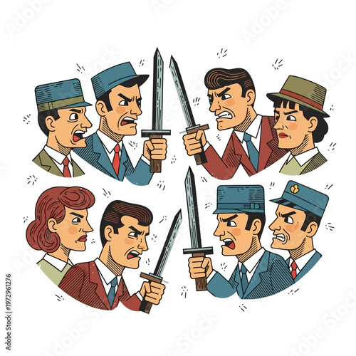 Vintage people fighting with swords, conflict, disagreement, retro style illustration