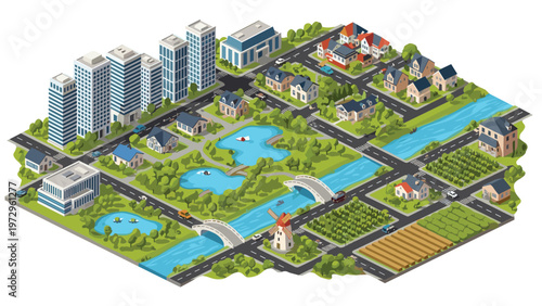 Large isometric city map illustration featuring skyscrapers residential houses rivers parks farms and a windmill for urban planning concepts.