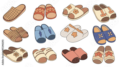 Variety of comfortable indoor slippers and footwear with different patterns and colors for a cozy home environment collection set illustration.