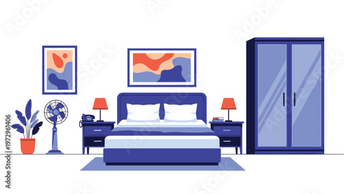 Modern minimalist bedroom interior design in a blue color palette featuring a comfortable bed lamps wardrobe and decorative paintings.