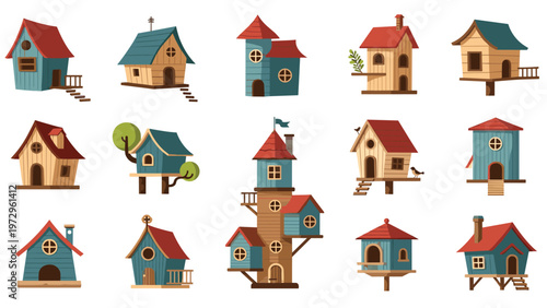 Charming collection of whimsical little houses or cabins with creative shapes and colorful roofs for fairy tale or garden themes.