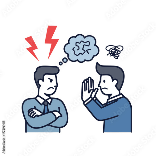 Angry man arguing with colleague, conflict and disagreement concept