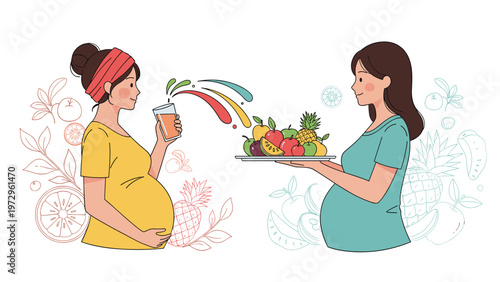 Two pregnant women sharing healthy fruits and fresh juice to emphasize the importance of prenatal nutrition and maternal wellness.