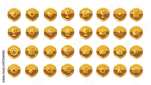 Large set of golden game medals or badges with various icons for achievements goals and rewards in a digital interface design.