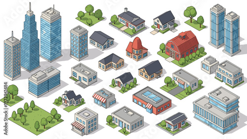 Isometric city buildings collection featuring modern skyscrapers residential houses industrial warehouses and green park areas.