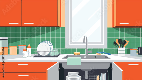 Contemporary kitchen interior design shows orange cabinetry, green tiles, and clean dishes organized around a modern sink area.