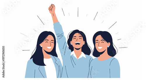 Group of three women cheering with fist up on white background.