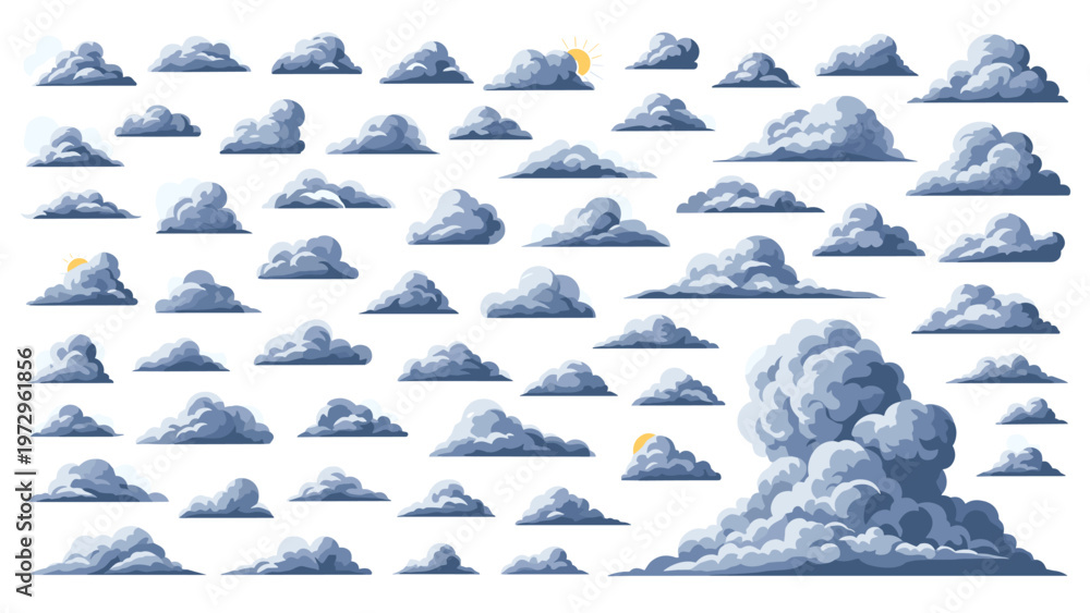 Fototapeta premium Extensive set of cloud illustrations shows diverse weather patterns from light fluffy wisps to dark heavy storm clouds.