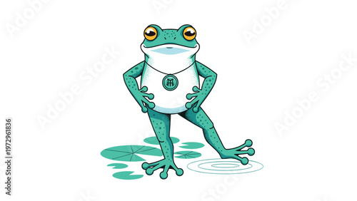 Cheerful cartoon frog character wears a custom logo necklace and stands confidently on a lily pad in a stylized design.