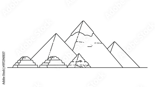 Simple line art drawing depicts the Great Pyramids of Giza in Egypt as a clean minimalist outline on a white background.