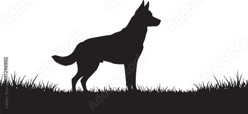 Black silhouette of a dog standing on grass