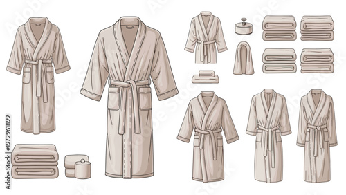 Set of comfortable spa bathrobes in various styles is shown alongside neatly folded towels for a luxury hotel experience.