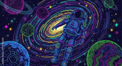 Astronaut floating through vibrant galaxy with swirling planets and stars in space