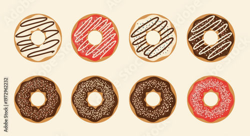 Set of eight flat colored donut illustrations featuring chocolate icing, strawberry glaze, and vanilla frosting with various toppings like sprinkles and drizzled syrup on cream background.