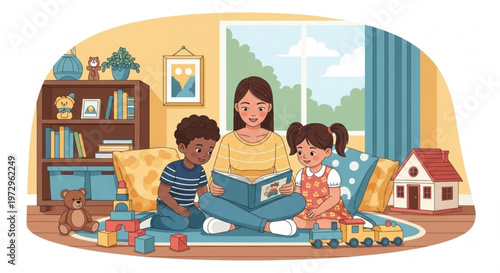 Mother reading book to two children on living room floor with toys and books around them