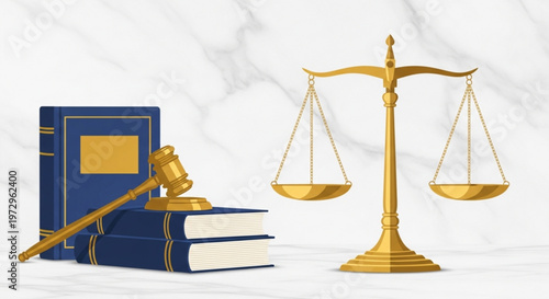 Justice and law concept with golden scales gavel and legal books on marble background