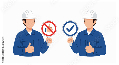 Two industrial workers in blue uniforms and white hard hats stand together while holding up different circular signs and giving a thumbs up.