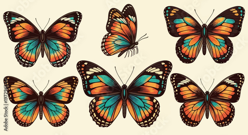 Collection of six vintage-style butterfly illustrations with vibrant orange, turquoise, and black patterned wings, isolated on a cream background, detailed decorative insects.