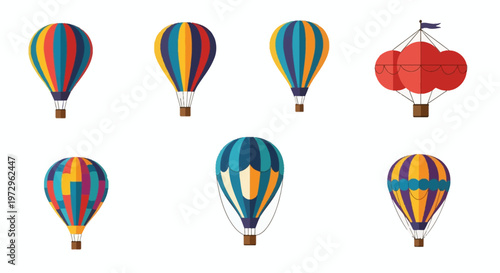 Collection of seven colorful hot air balloon vector illustrations with various patterns including vertical stripes and geometric shapes, isolated on white background for design projects.