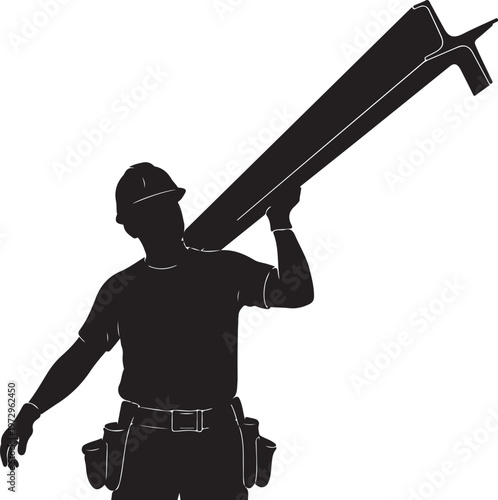 Black silhouette of a man carrying a long piece of lumber