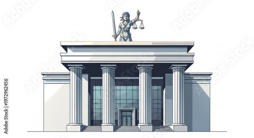 Gray building with columns and statue of justice on top symbolizing law and order in architecture