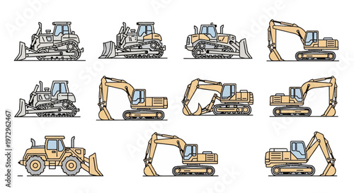 Collection of heavy construction machinery vector illustrations featuring models of crawler bulldozers and hydraulic excavators in side view line art style isolated on white
