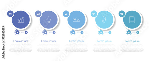 Modern and stylish timeline infographic with 5 sequential stages. Creative design featuring numbered markers, icons, and editable text placeholders along a clean linear flow.