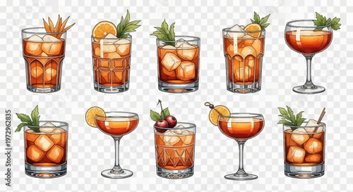 Set of ten illustrated classic cocktail drinks including Manhattan and Old Fashioned varieties with ice cubes, orange slices, cherries, and mint garnishes in various glassware.