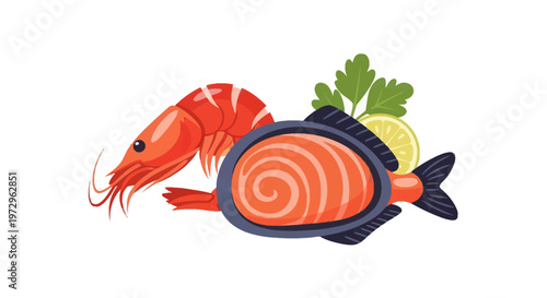 Vector illustration of a fresh red shrimp and a raw salmon steak fillet with a lemon slice and parsley sprig isolated on a white background for seafood menu design.