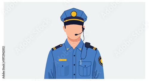 A male police officer character without facial features wears a light blue uniform and a dark blue peaked cap with a communication headset.
