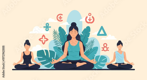 Vector illustration of three women meditating in lotus pose with closed eyes, surrounded by tropical palm leaves, monstera foliage, clouds, and geometric icons on a light background.